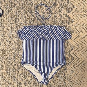 J Crew Tie Neck Ruffle Striped Seersucker Onepiece Swimsuit Size 10